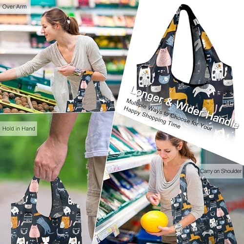 BeeGreen 6 Pack Cats Reusable Grocery Bags Gifts for Cat Lovers with Elastic Band Reusable Shopping Bags Bulk 50LBS X-Large Foldable-Machine Washable-Heavy Duty