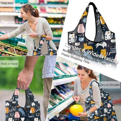 BeeGreen 6 Pack Cats Reusable Grocery Bags Gifts for Cat Lovers with Elastic Band Reusable Shopping Bags Bulk 50LBS X-Large Foldable-Machine Washable-Heavy Duty