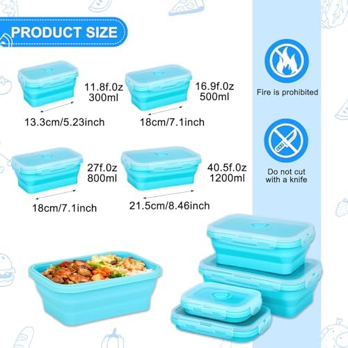 Collapsible Silicone Food Storage Containers 4 Set Airtight Leak Proof Food Containers with Lids Meal Prep for Microwave Freezer Dishwasher for Kitchen Camping Office Sky Blue