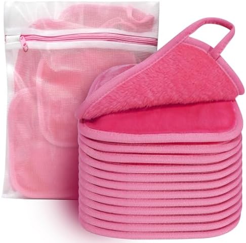 KODAMO Makeup Remover Cloth, Reusable Makeup Remover Pads Washable Travel Bag, Microfiber Makeup Removal Face Wash Cloths with Just Water, Gentle Soft,12 Pack, Pink