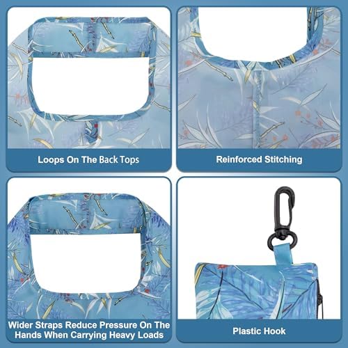 HOLYLUCK Reusable Grocery Bags,Heavy Duty Foldable Shopping Tote Bag (Standard, Blue leaves)