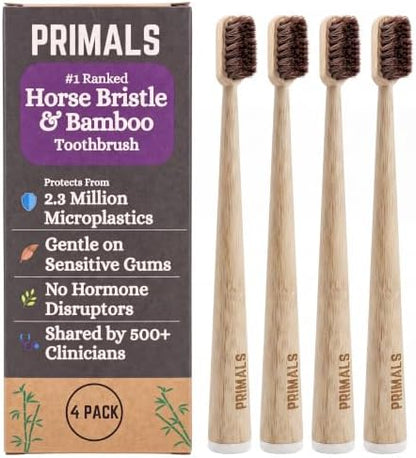 PRIMALS Horse Bristle & Bamboo Toothbrush (4-Pack) - Luxurious & Soft Horse Bristles - Fully Biodegradable - Plastic & Nylon Free - Quick Dry Design