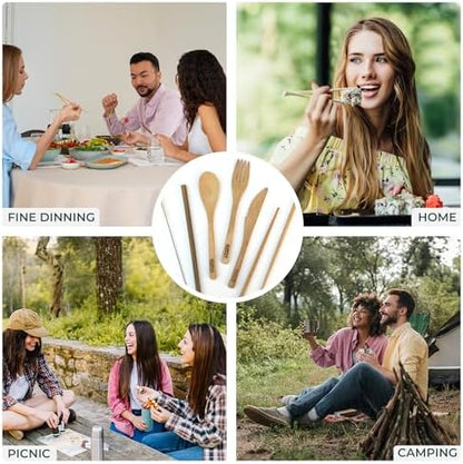 Travel Utensils with Case Set Fork, Knife, Spoon, Chopsticks, Straw, Straw-cleaning brush, Travel Pouch and Carabiner, Excellent For Everyday Use! ((2 Sets) Sunset Red/Sunrise Yellow)