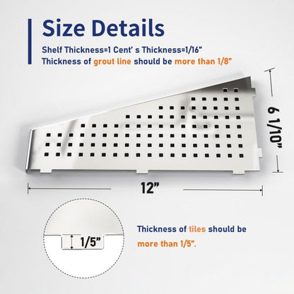 Corner Shower Shelf 12" Polished 304 Stainless Steel Recessed Trapezoid Grout in Shelves with Grid Design Bathroom Shelf Racks for Tiled Wall, 2 Pack