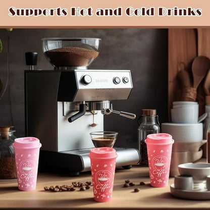 12 Sets Reusable Coffee Cups with Lids, 16oz, Pink Series