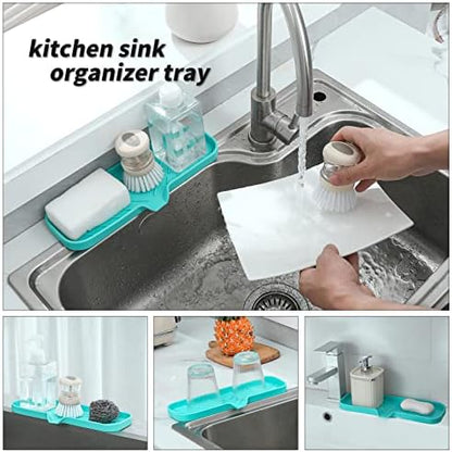 MicoYang Silicone Soap Dish with Drain Spout — Self-Draining Double Sink Organizer Tray for Kitchen & Bathroom, Dispensers, Sponges & Soap Holder, Non-Slip & Dishwasher Safe, Mint (Large, 12"×4")