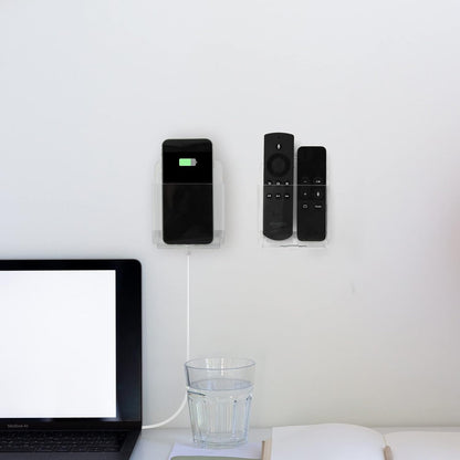 Cosmos Pack of 2 Acrylic Remote Control Holder Adhesive Wall Mount Phone Holder Wall Mount Organizer Media Storage Box Phone Charging Storage Box for Home Office Living Room Bedroom (Transparent)