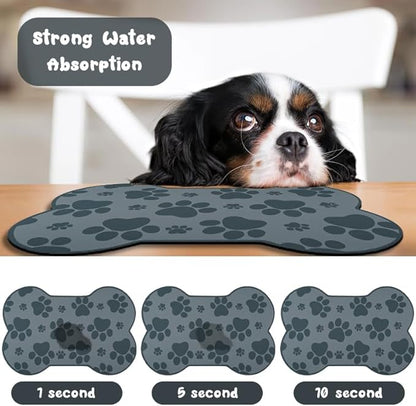 Dog Food Mats for Floors Waterproof, Pet Feeding Absorbent Water Bowl Mat Cat Placemats Gray Bone Shape 23.6 * 15.7 inch