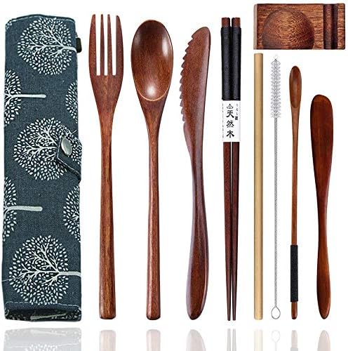 bamboo Utensils for Eating Reusable wooden travel flatware set with Case 9 Pcs durable wooden cutlery wooden spoons forks and chopsticks Wood Flatware Set with Knife Fork Spoon Chopsticks Straw
