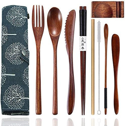 bamboo Utensils for Eating Reusable wooden travel flatware set with Case 9 Pcs durable wooden cutlery wooden spoons forks and chopsticks Wood Flatware Set with Knife Fork Spoon Chopsticks Straw