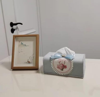 Tissue Cover Holder Fabric Art Cute Tissue Box Cover Dispenser Napkin Organizer for Bathroom Bedroom Office and Car (C - Light Blue)