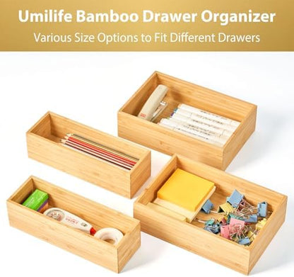 Umilife Bamboo Kitchen Drawer Organizer, Extra High Silverware Tray, Flatware Cutlery Storage Box, Multi-Use Holder in Office, Bathroom, Pantry - 12"x3"x2.5" (Set of 2)