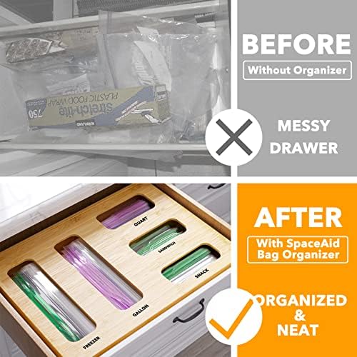 SpaceAid Bag Storage Organizer for Kitchen Drawer, Bamboo Organizer, Compatible with Gallon, Quart, Sandwich and Snack Variety Size Bag (1 Box 5 Slots)