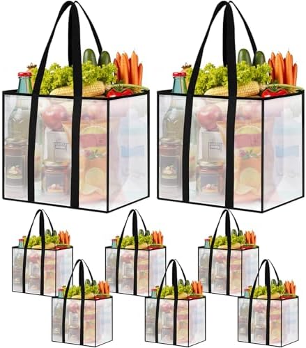 Reusable Grocery Bags, Clear Shopping Bags, 8 Pack, 33L
