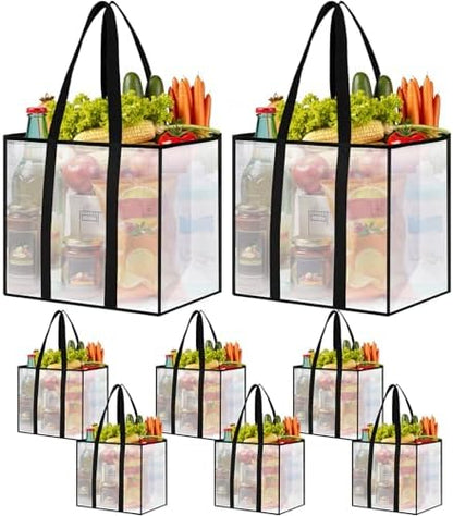 Reusable Grocery Bags, Clear Shopping Bags, 8 Pack, 33L