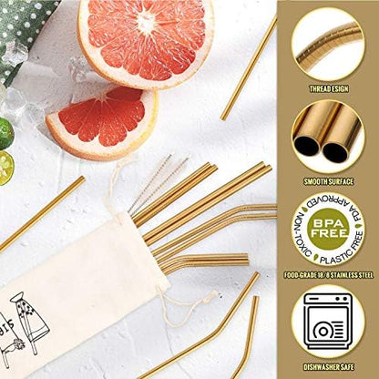 Hiware 12-Pack Gold Stainless Steel Straws Reusable with Case - Metal Drinking Straws for 30oz & 20oz Tumblers Dishwasher Safe, 2 Brushes Included