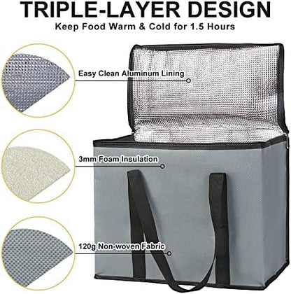 1-Pack Insulated Reusable Grocery Bags, X-Large Insulated Food Delivery Bag for Doordash/Catering/Uber Eats, Commercial Food Warmer for Shopping, Tote Cooler Bags, Dark Grey