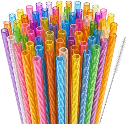 100Pcs Reusable Plastic Straws, 9 Inch Hard Drinking Straws with Cleaning Brush, Colored crystal Straws for Mason Jars, Tumblers, Iced Coffee, Smoothies, Cocktails and Party Cups