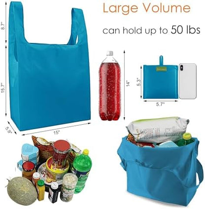 BeeGreen Reusable Grocery Bags Lake Blue Kitchen Bags Bulk Foldable-Machine Washable with Zipper Storage Pouch 50 Packs