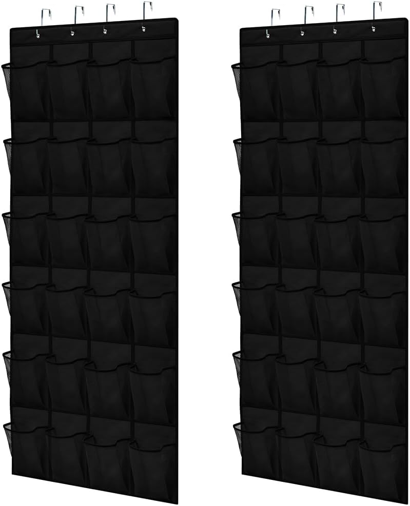 GORILLA GRIP Over the Door Shoe Organizer, 2 Pack, 24 Breathable Mesh Pockets, Space Saving Hanging Storage Holder, Closet Rack Hanger Holds Up to 40 lbs, Hangs on Closets, Shoes, Accessories, Black