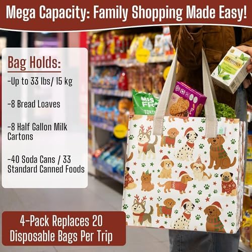 VENO 4 Pack Large Grocery Bag Reusable Shopping Bags with Hard Bottom