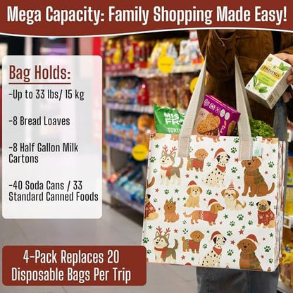 VENO 4 Pack Large Grocery Bag Reusable Shopping Bags with Hard Bottom