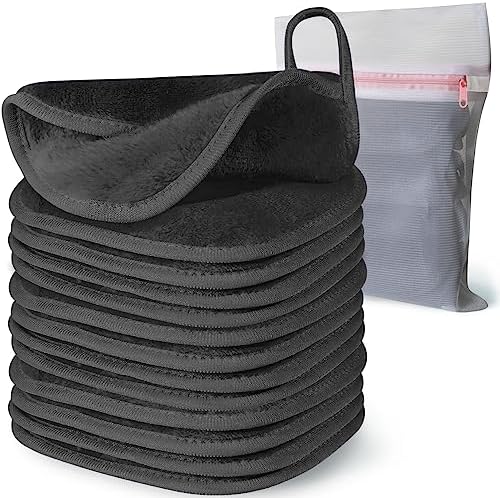 Makeup Remover Cloth, 6" x 6" Makeup Remover Towels Reusable Face Cloth for Washing Face, Makeup Remover Pads Microfiber Face Washcloth with Mesh Bag, 12 Pack, Grey