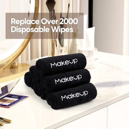 HOMEXCEL Makeup Remover Cloth 6 Pack,Premium Washable Soft 13x13 Inch Facial Cleansing Makeup Towels,Quick Dry Microfiber Face Towels Washcloths for All Skin Types,Black