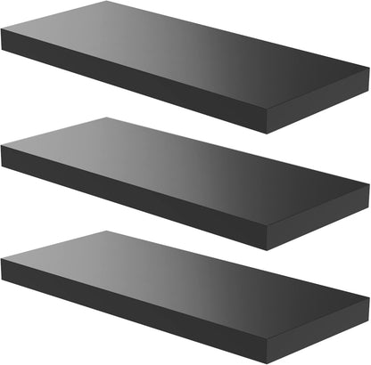 Floating Shelf, Set of 3 Wall Shelf, 24 in W x 12.75 in D x 2 in H Wooden Floating Wall Shelf with Invisible Brackets for Living Room/Bedroom/Bathroom/Kitchen Storage and Decor, Black