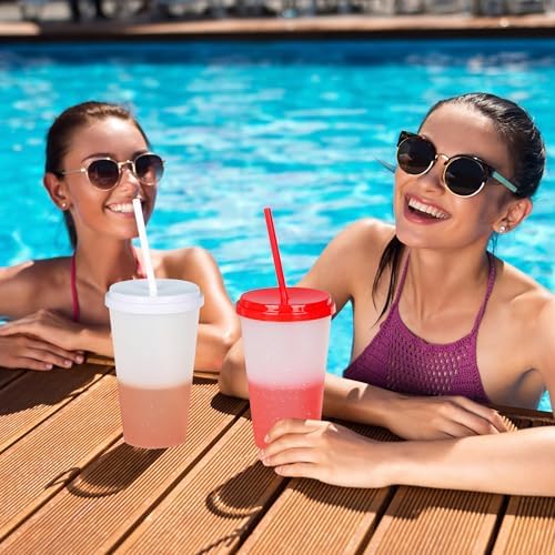 Color Changing Cups, 5 Pack 24oz Plastic Tumblers, Reusable Iced Coffee & Smoothie Cups with Lids and Straws for Parties and Travel (Bright, 24 Pcak)