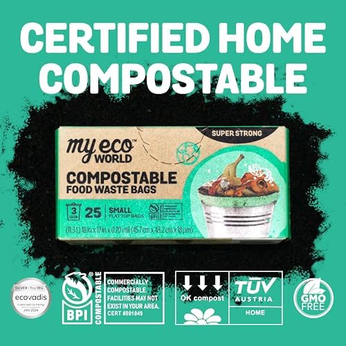 MyEcoWorld® Compostable Kitchen Waste Bags - 25 Count - 100% Certified Compostable - 3 Gallon - Super Strong - Leak Proof - Unscented - Easy to Open