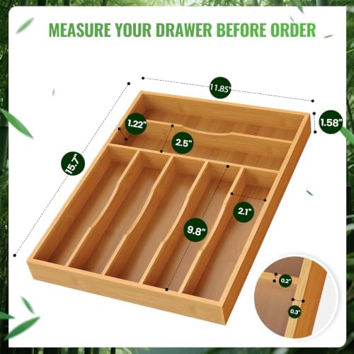 Bamboo Silverware Organizer, 12 Inch Bamboo Kitchen Drawer Cutlery Organizer, Utensil Holder, Flatware Organizer Tray (15.8"x11.9"x1.6")