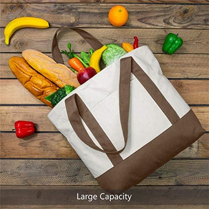 TOPDesign 6-Pack Canvas Tote Bags with an External Pocket, Reusable Grocery Shopping Bags, Top Zipper Closure, Daily Essentials (Brown/Natural)