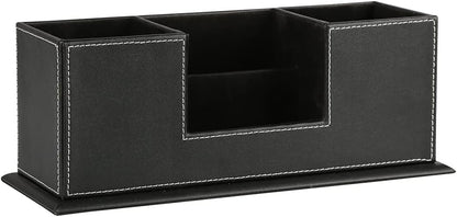 KINGFOM Office Supplies Desk Organizer PU Leather Storage Box 4 Divided Compartments for Pen Business Card Remote Control Mobile Phone Cosmetics Collection Holder (Black)