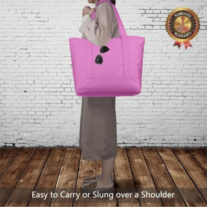 TOPDesign 6-Pack Canvas Tote Bags with an External Pocket, Reusable Grocery Shopping Bags, Top Zipper Closure, Daily Essentials (Light Purple)