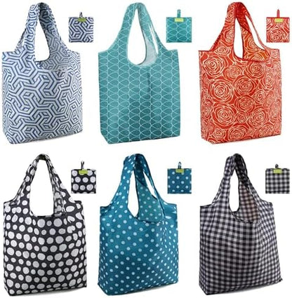 BeeGreen Geometry Reusable Shopping Bags Cute Grocery Bag 6 Pack, Christmas Gift Bags Heavy-Duty Foldable Shopping Totes for Supermarket, Work & Travel, Large Washable Polyester Tote Bag with Handles