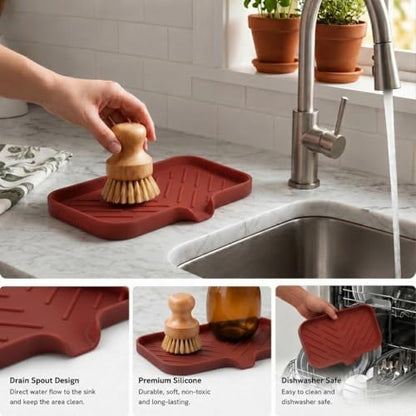 MicoYang Silicone Soap Dish with Drain Spout — Self-Draining Sink Organizer Tray for Bathroom & Kitchen, Sponges, Dispensers & Soap Holder, Non-Slip & Dishwasher Safe, Red (Medium, 9.6"×5.3")