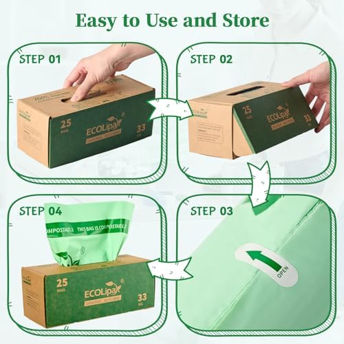 ECOLipak 33 Gallon 25 Count Large Compostable Trash Garbage Bags for Lawn