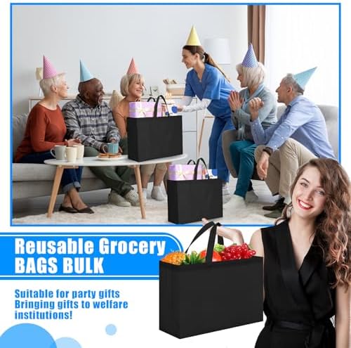 Windyun Reusable Grocery Bags Large Non Woven Shopping Bags with Handles Foldable Portable Tote, 16x6x12 Inch