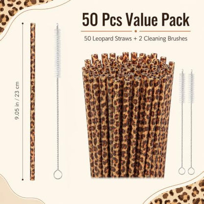 50 Pcs Reusable Leopard Straws, Plastic Cheetah Animal Straws and Cleaning Brush for Women Tumblers Drinking Safari Wild Birthday Party