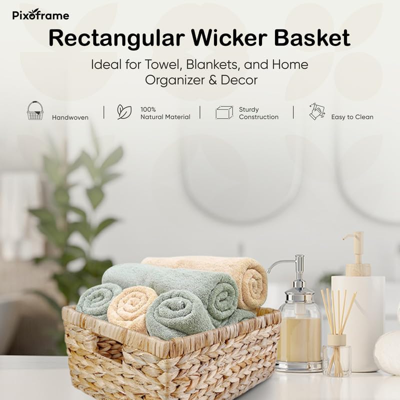 Large Rectangular Handwoven Wicker Basket - Natural Water Hyacinth Storage Baskets with 2 Built-in Handles - Ideal for Towel, Blankets, and Home Organizer & Decor - 15"x 11"x6.75" - Brown
