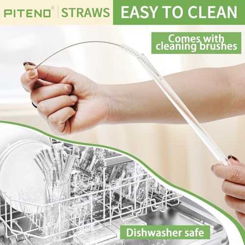 Piteno® 12Pcs Glass Straws with 4Pcs Brushes, Reusable Clear Glass Drinking Straws, 8.5''x10MM, Set of 6 Straight and 6 Bent with 4 Cleaning Brushes, Perfect for Smoothies, Milkshakes, Juice, Tea