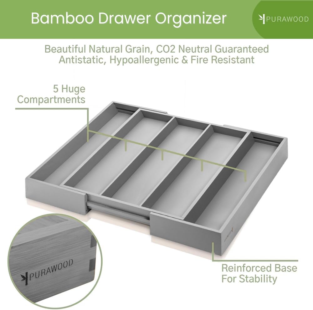 Purawood Kitchen Drawer Organizer - Expandable Utensil Drawer Organizer for Kitchen, Cutlery Tray & Silverware Organizer, 3-5 Slots - Bamboo Organizer for Utensils & Flatware (Grey)