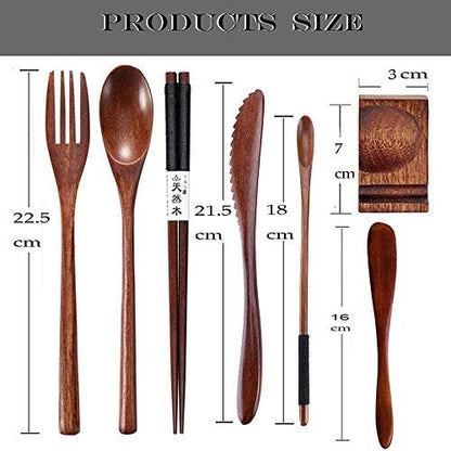 bamboo Utensils for Eating Reusable wooden travel flatware set with Case 9 Pcs durable wooden cutlery wooden spoons forks and chopsticks Wood Flatware Set with Knife Fork Spoon Chopsticks Straw