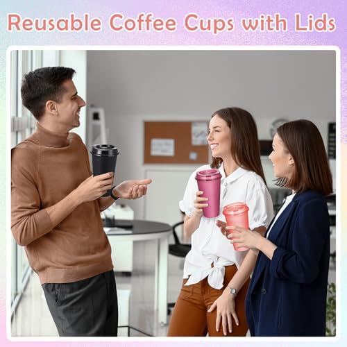 FillTouch 12 Pcs 16 oz Reusable Coffee Cups with Lids, Glitter Colors