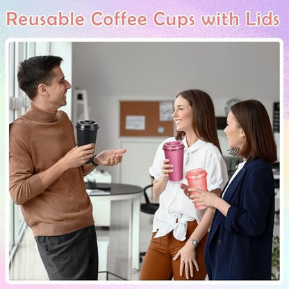 FillTouch 12 Pcs 16 oz Reusable Coffee Cups with Lids, Glitter Colors