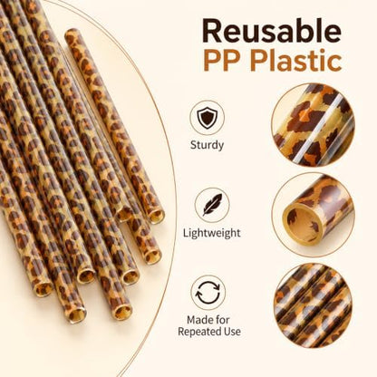 50 Pcs Reusable Leopard Straws, Plastic Cheetah Animal Straws and Cleaning Brush for Women Tumblers Drinking Safari Wild Birthday Party