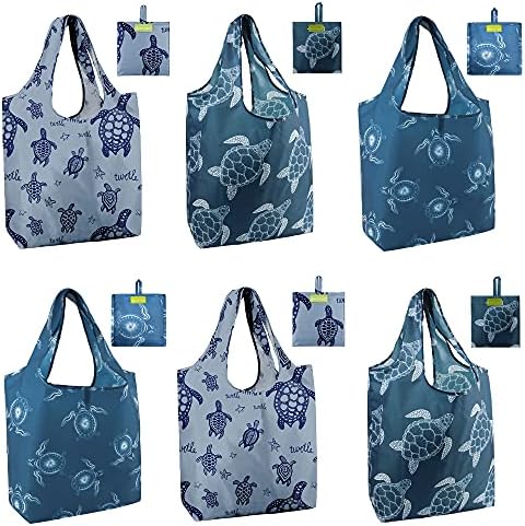 BeeGreen Sea Turtle Reusable Grocery Bags Large Tote Bag With Handles, Bulk Gift Foldable Shopping Bags for Women 6 Pack, Cute Cloth Bag, Heavy Duty, Washable For Beach, Holiday, Travel And Groceries