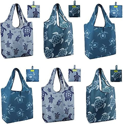 BeeGreen Sea Turtle Reusable Grocery Bags Large Tote Bag With Handles, Bulk Gift Foldable Shopping Bags for Women 6 Pack, Cute Cloth Bag, Heavy Duty, Washable For Beach, Holiday, Travel And Groceries