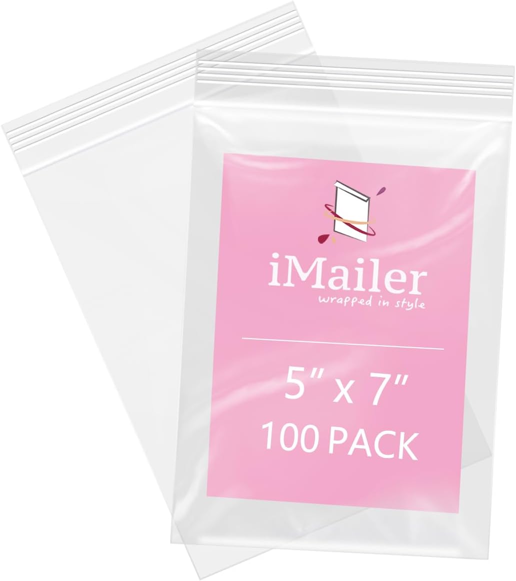 iMailer - 100 Pcs - 5" x 7" Clear Small Zip Bag - Reclosable Zip Plastic Poly Bags 2 Mil with Resealable Lock Seal Zipper for A2 A4 A6 Cards & Envelopes, Bakery, Cookies, Sandwich